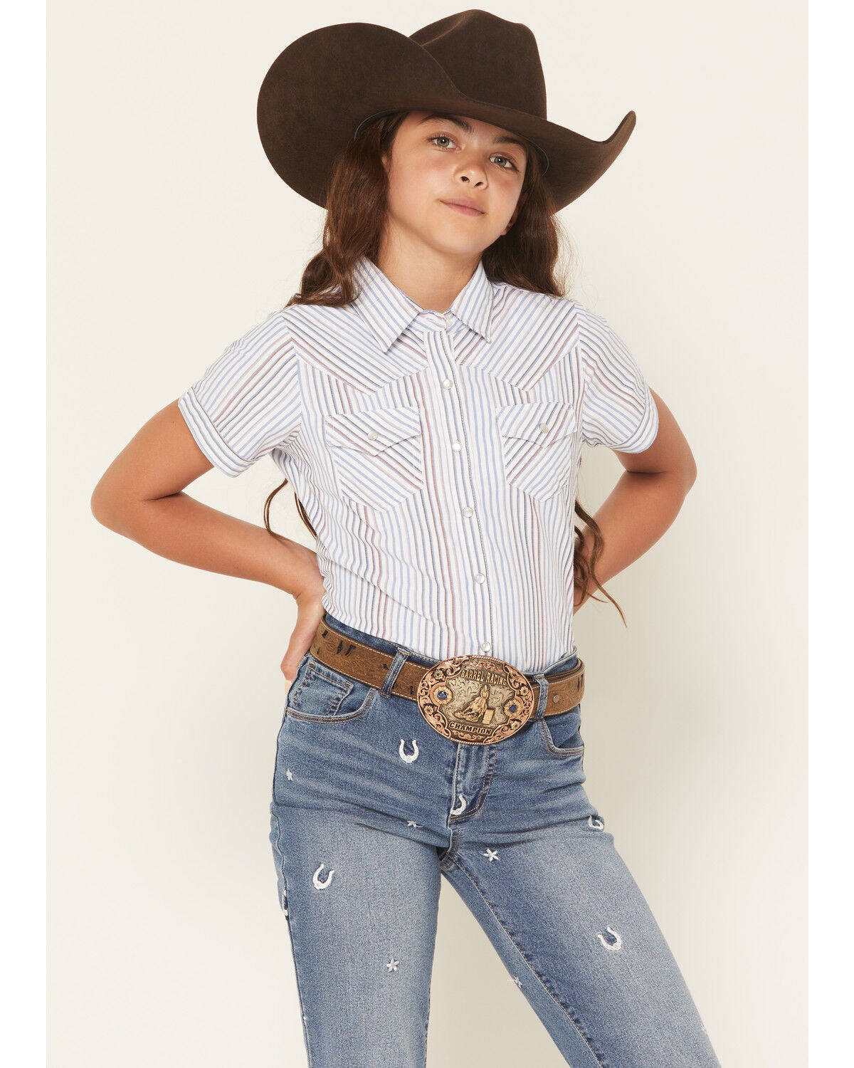Ely Walker Girls' Flower Yoke Sleeveless Snap Western Shirt, White, hi-res