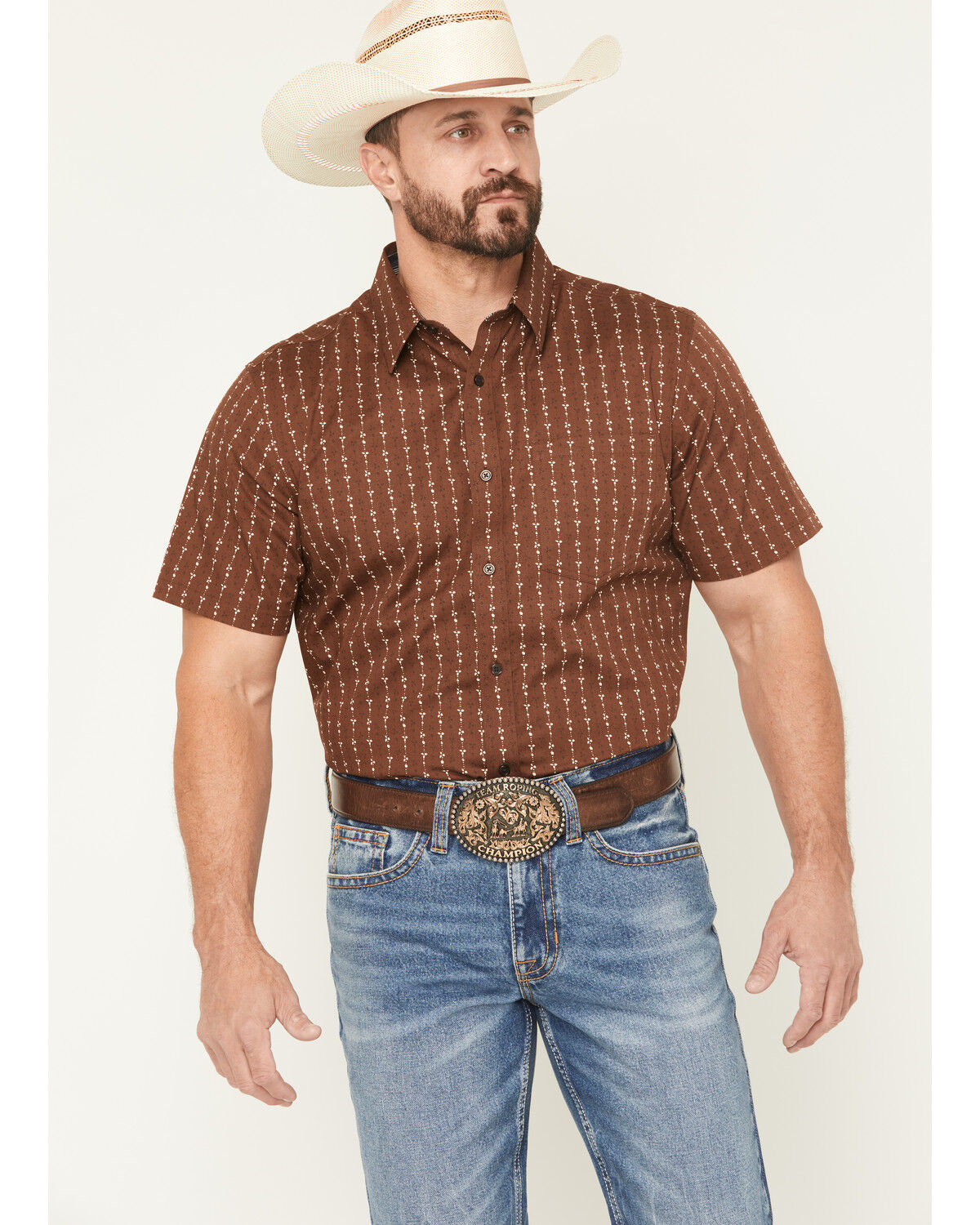 Image #1 - Cody James Men's Westward Floral Striped Short Sleeve Button-Down Stretch Western Shirt, Brown, hi-res