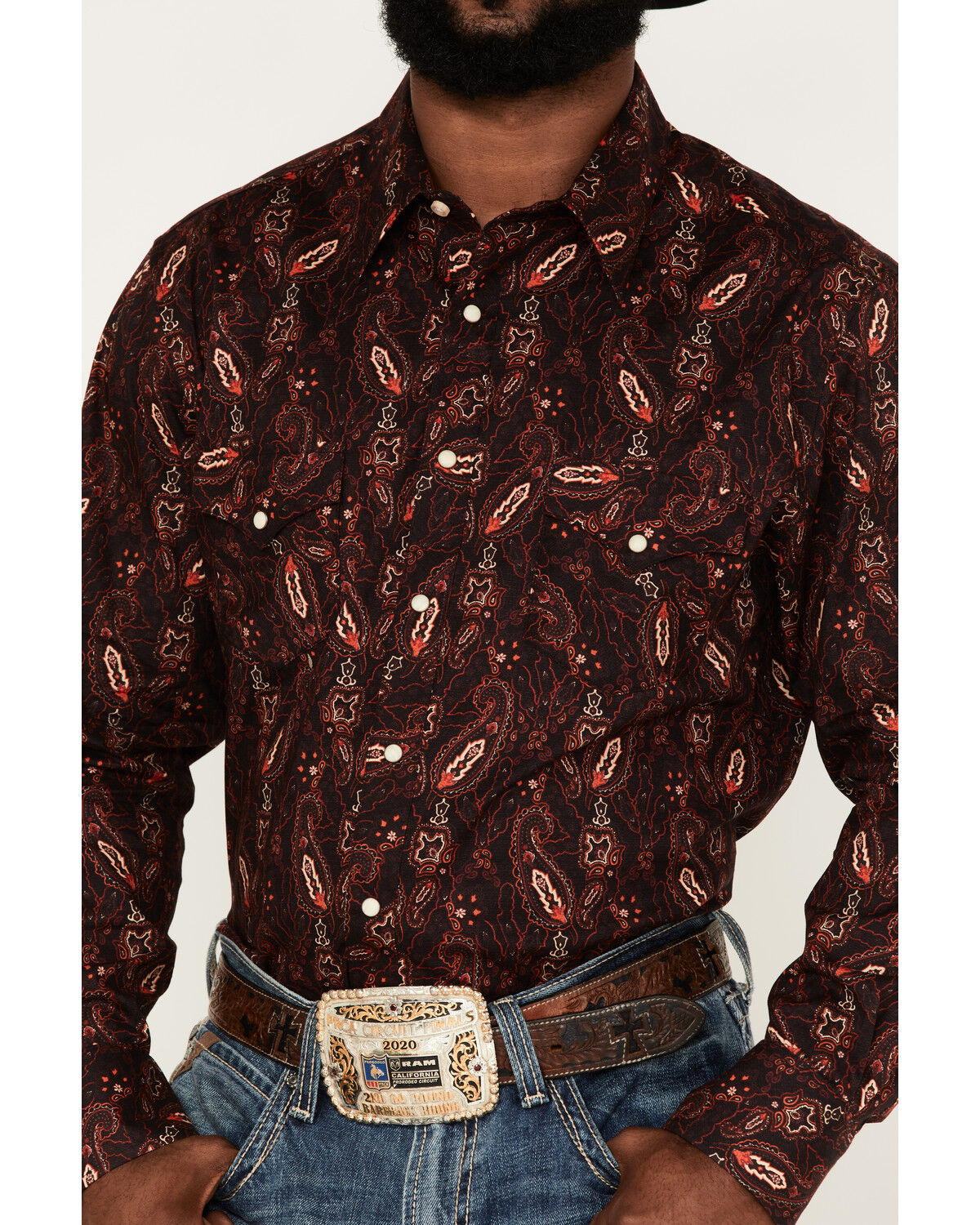 Image #3 - Rock & Roll Denim Paisley Stretch Long Sleeve Snap Shirt, Burgundy, hi-res