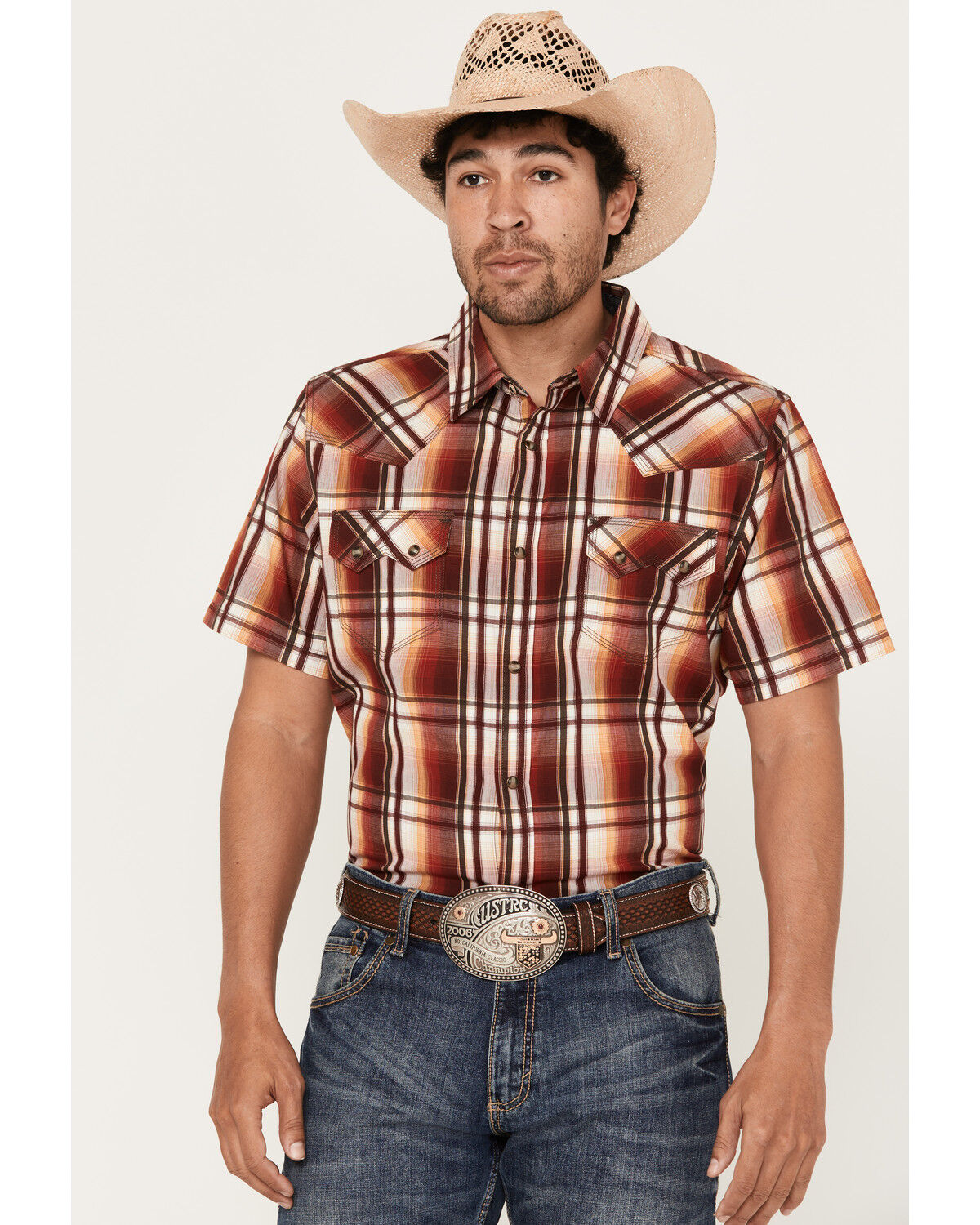 Image #1 - Moonshine Spirit Men's Hound Dog Plaid Print Short Sleeve Snap Western Shirt, Dark Brown, hi-res