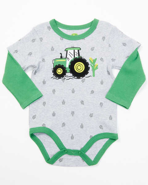 Image #1 - John Deere Infant Boys' Corn and Tractor Long Sleeve Onesie , Grey, hi-res