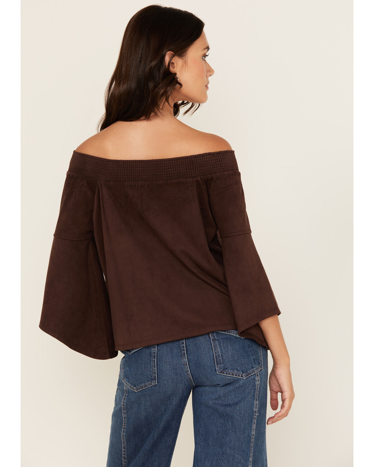 Image #4 - Shyanne Women's Solid Faux Suede Off The Shoulder Long Sleeve Shirt, Chocolate, hi-res