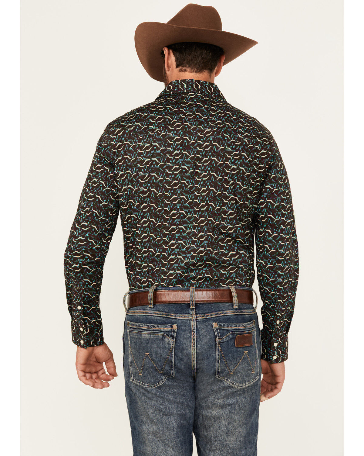 Image #4 - Rock & Roll Denim Men's Long Horn Print Long Sleeve Snap Stretch Western Shirt, Brown, hi-res