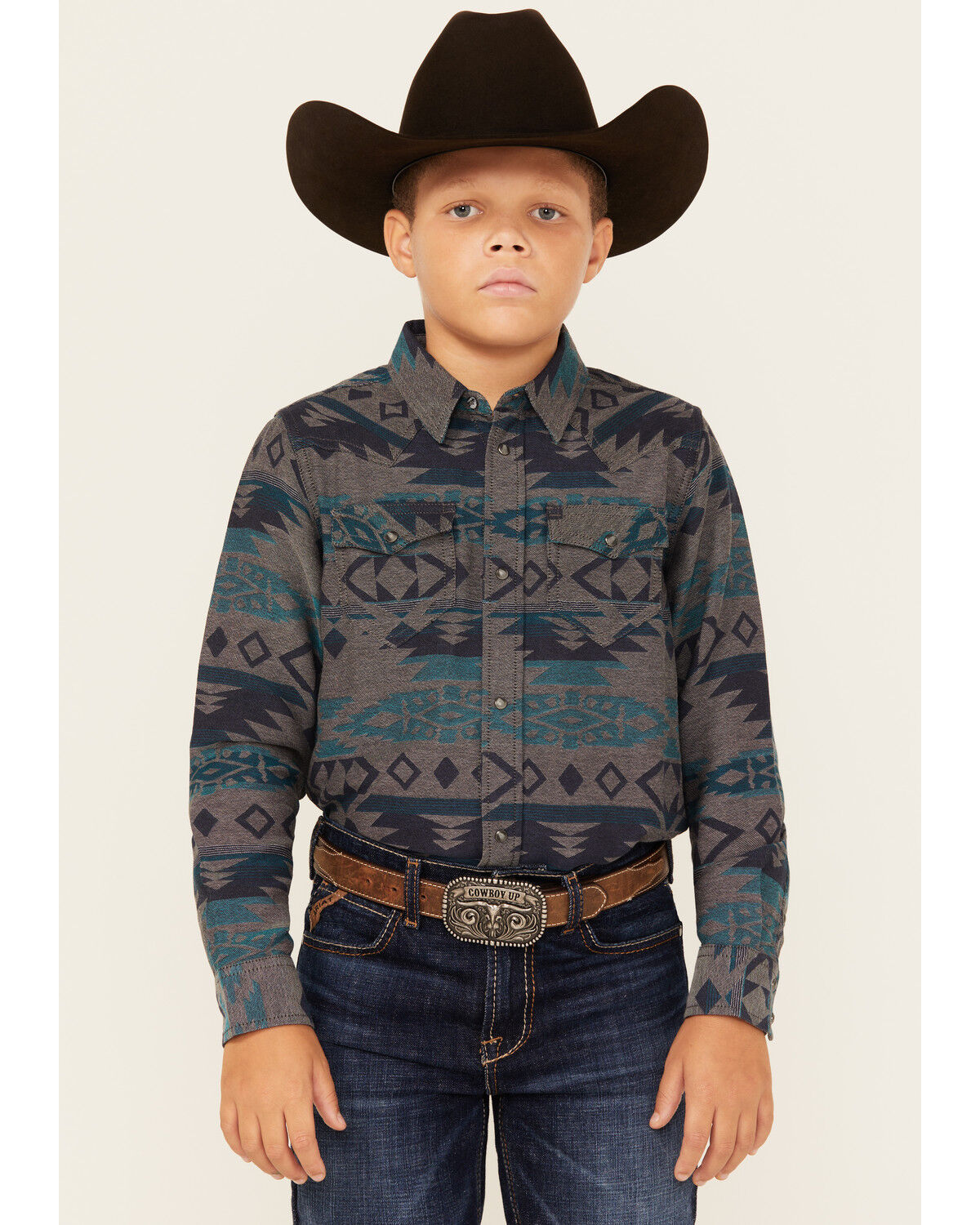 Image #1 - Cody James Boys' Julian Southwestern Print Long Sleeve Snap Western Shirt, Grey, hi-res