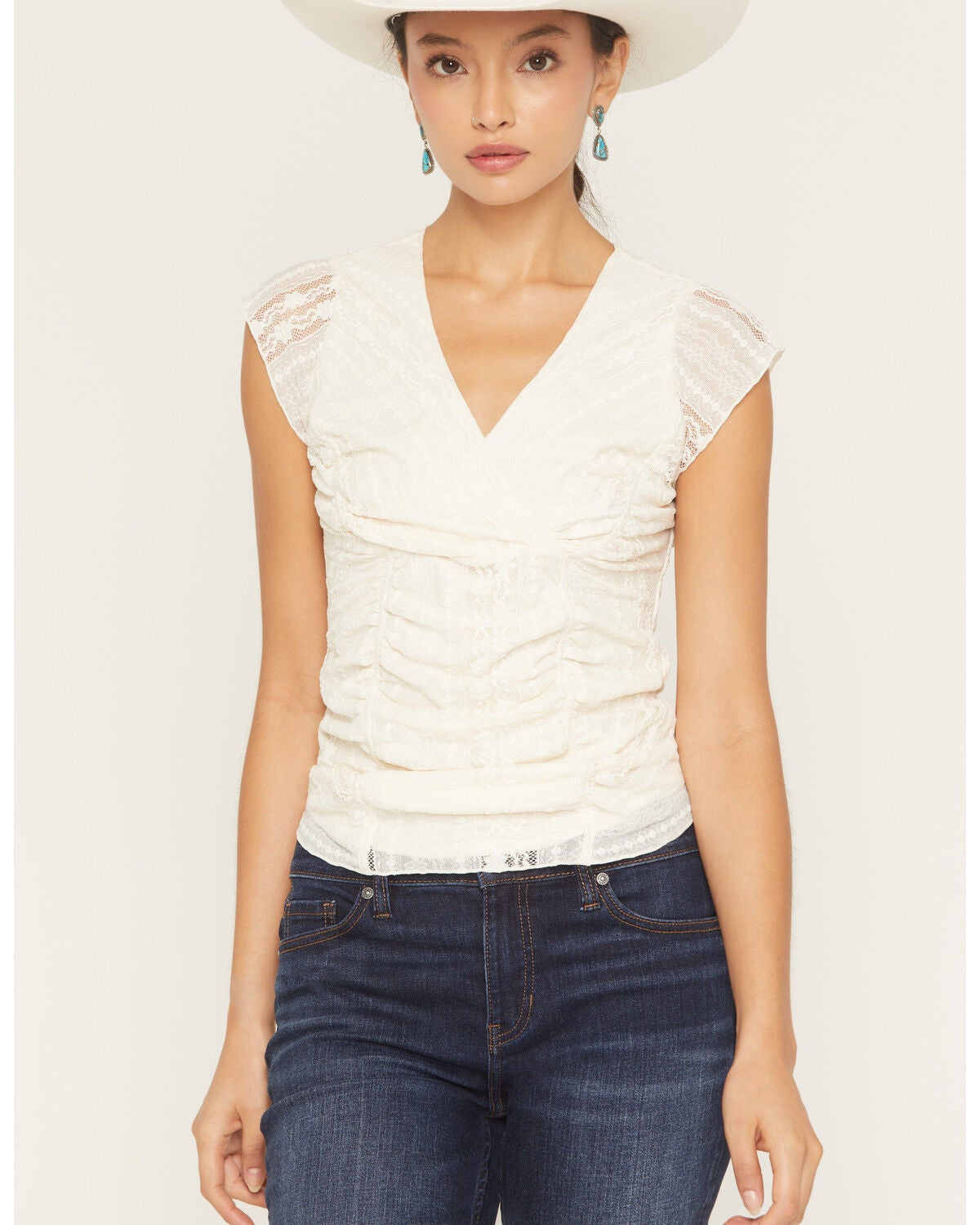 Shyanne Women's Lizlane Lace Short Sleeve Shirt, Cream, hi-res