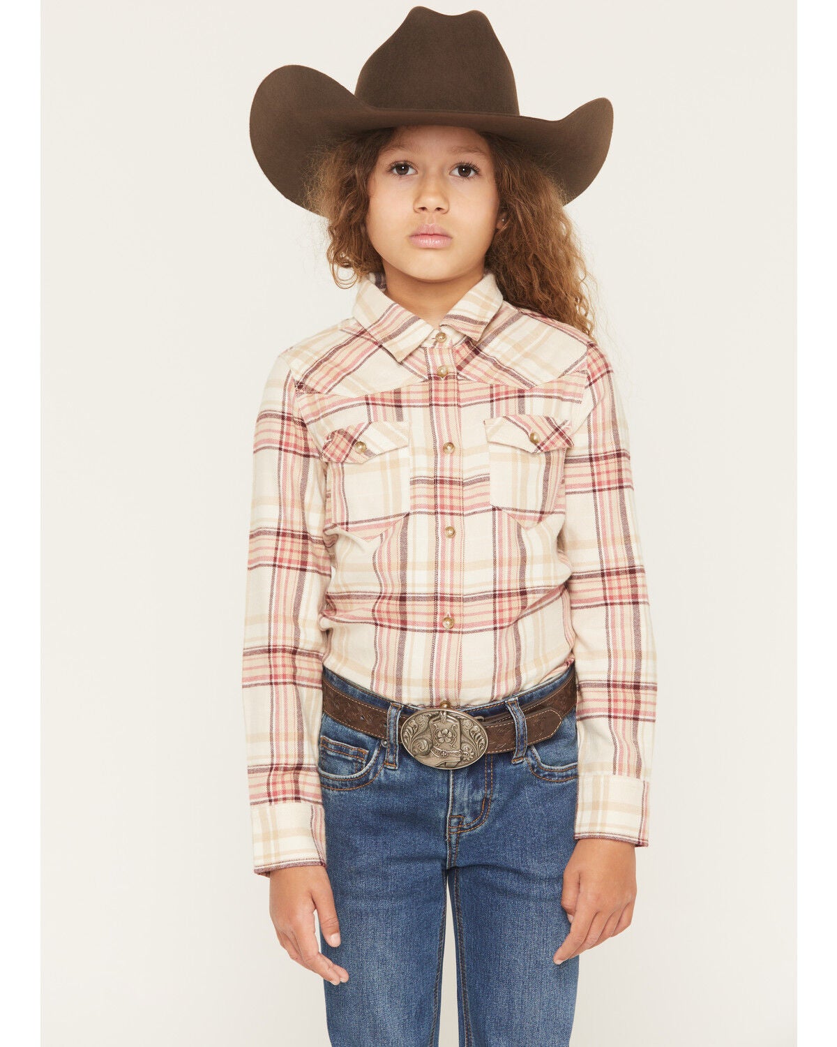Image #1 - Shyanne Girls' Belle Plaid Print Long Sleeve Button-Down Flannel Shirt, Dark Pink, hi-res