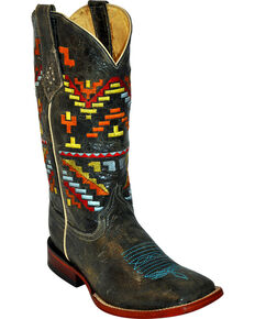 Ferrini Aztec Pattern Cowgirl Boots - Square Toe, Teal, hi-res