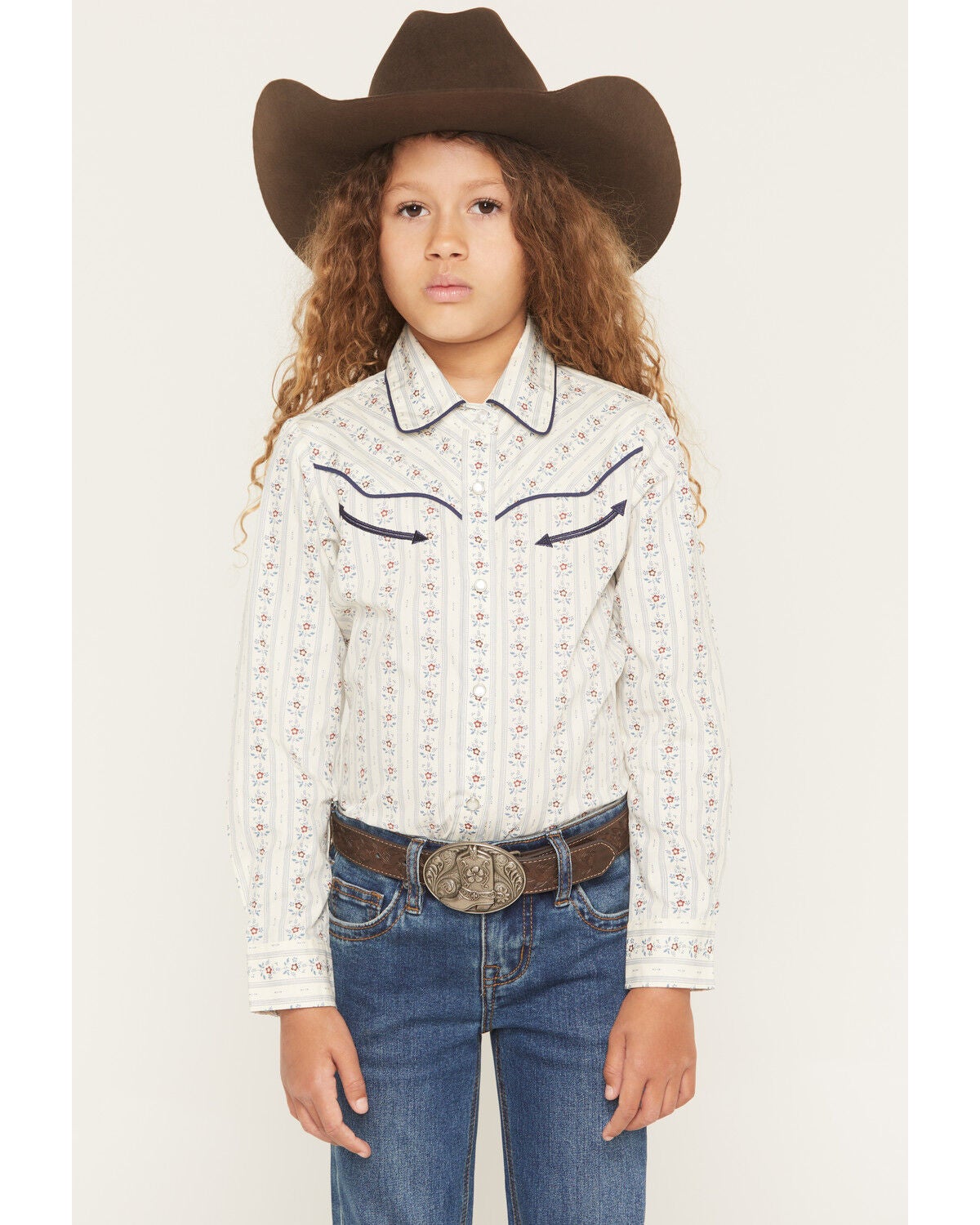Image #1 - Ely Walker Girls' Wallpaper Floral Long Sleeve Pearl Snap Western Shirt, Off White, hi-res