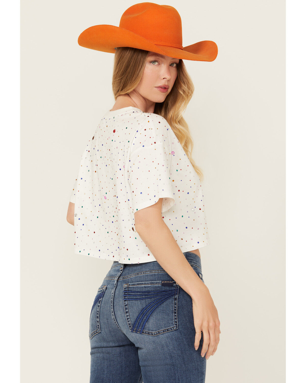 Image #4 - Blue B Women's Rhinestone Short Sleeve Cropped Tee, White, hi-res