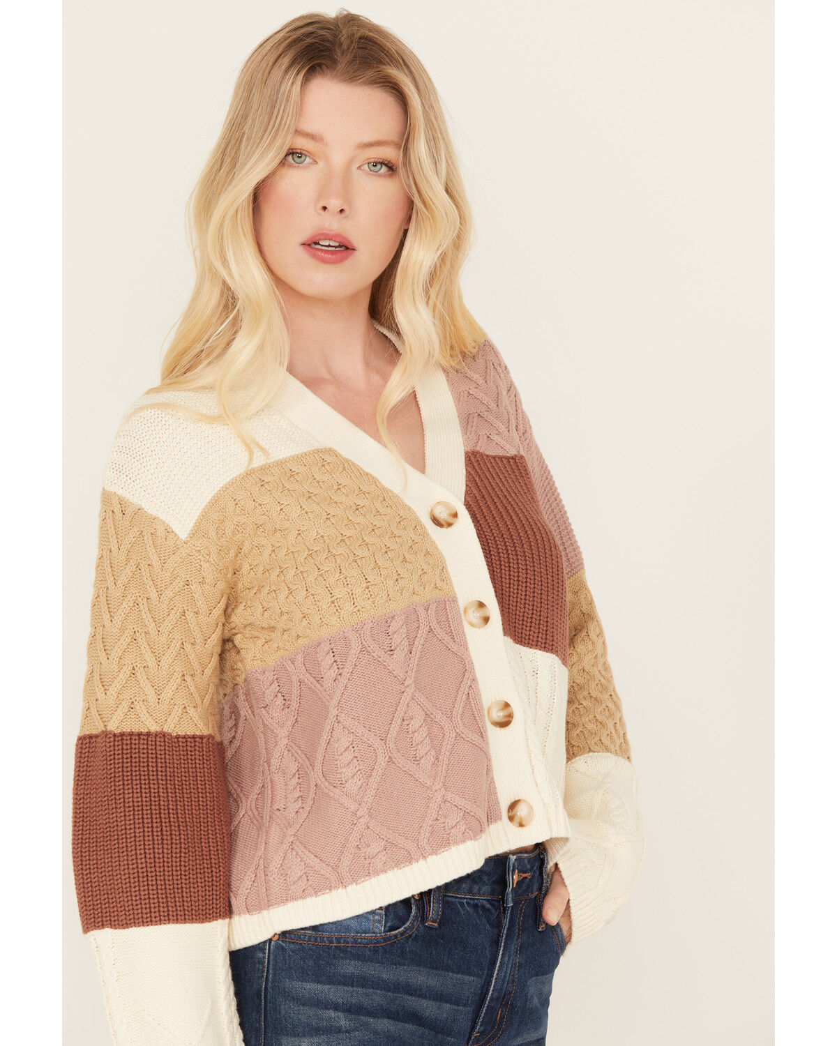 Image #2 - Cleo + Wolf Women's Color Block Cardigan, Cream, hi-res