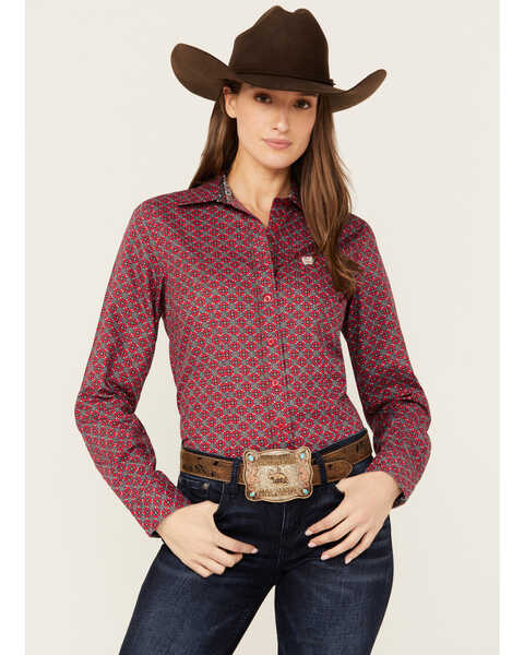 Image #1 - Cinch Women's Medallion Print Long Sleeve Button-Down Western Core Shirt , Red, hi-res