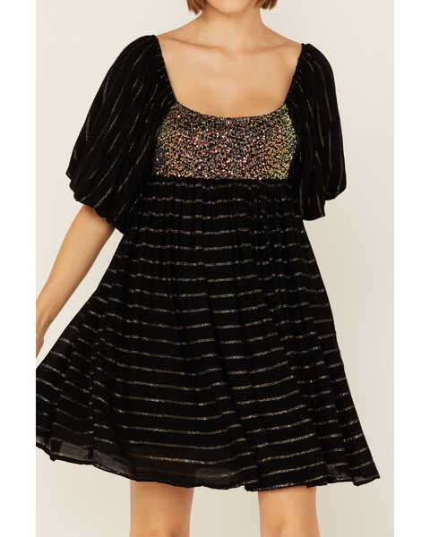 Image #3 - By Together Women's Sequin & Lurex Striped Babydoll Dress, Black, hi-res