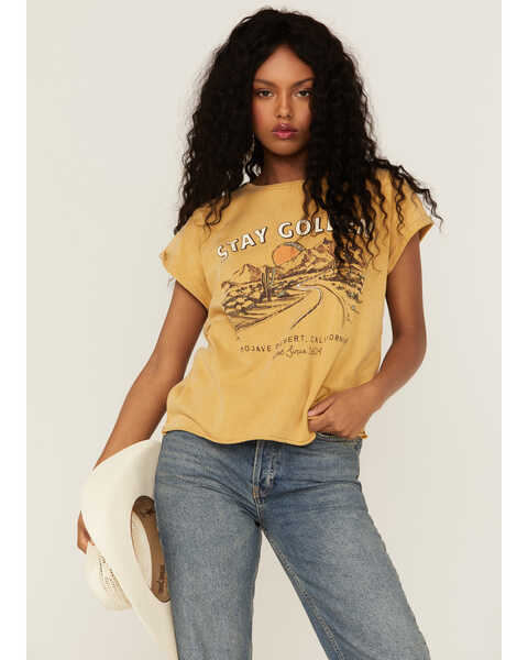 Cleo + Wolf Women's Stay Golden Rolled Sleeve Graphic Tee, Gold, hi-res