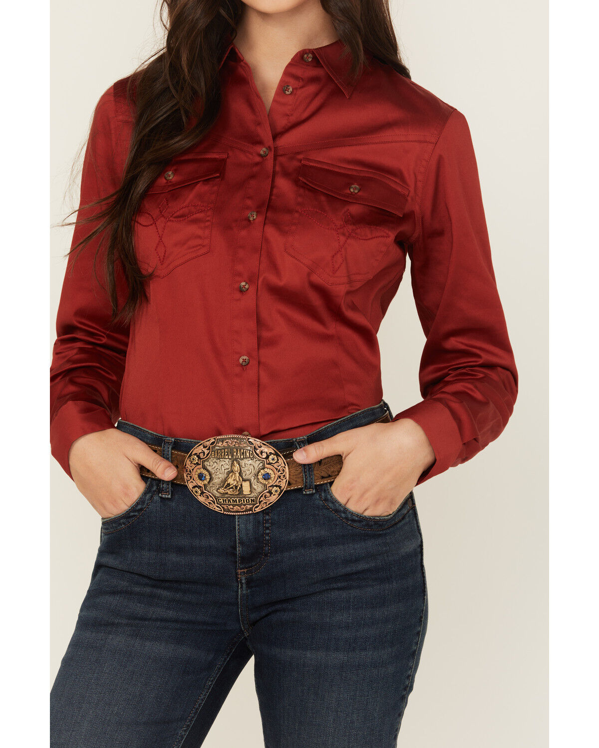 Image #3 - Shyanne Women's Solid Long Sleeve Button-Down Stretch Riding Shirt, Chilli, hi-res