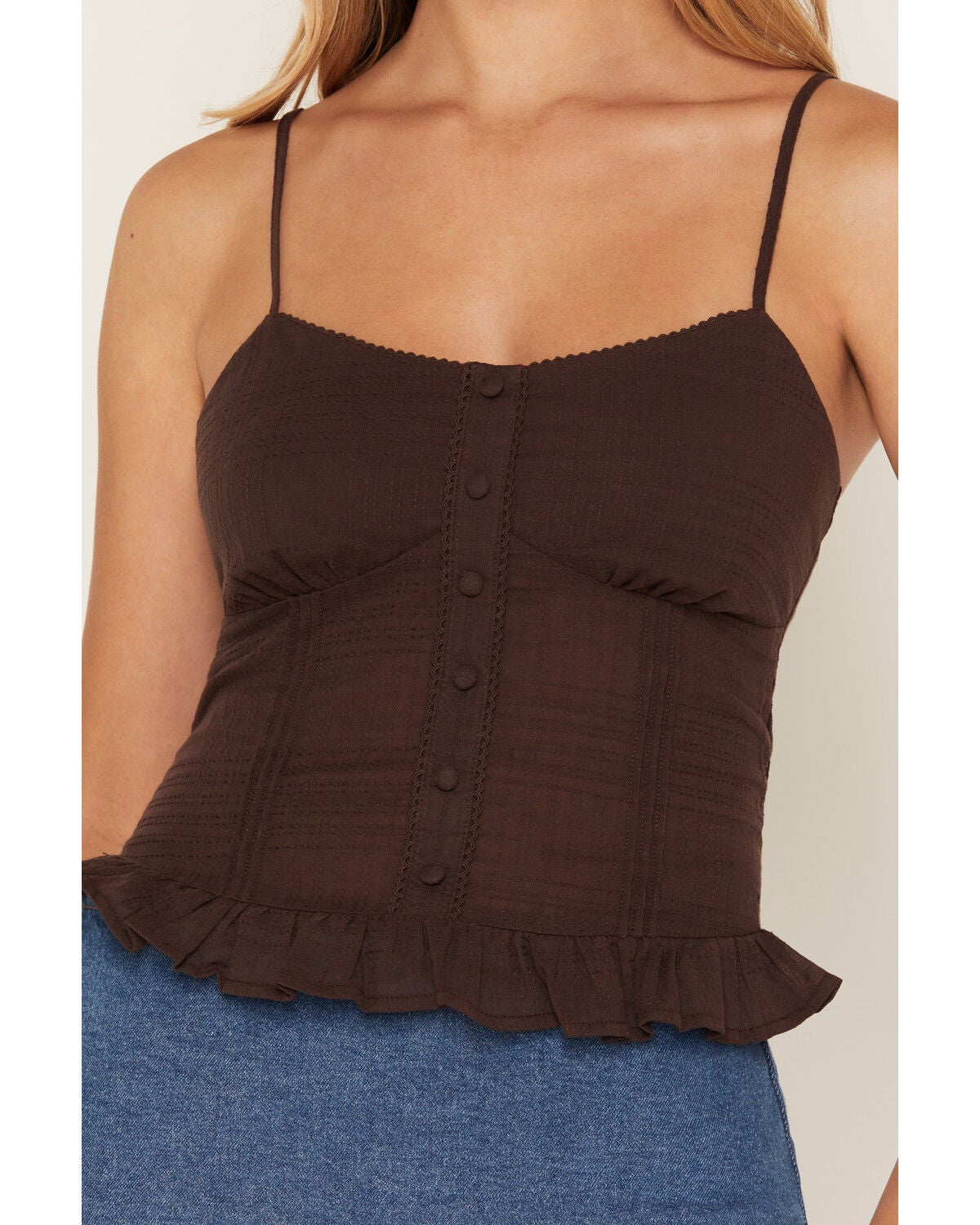 Image #3 - Cleo + Wolf Women's Sleeveless Button-Front Ruffle Hem Cami, Brown, hi-res