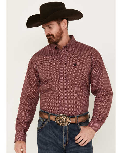 Cinch Men's Geo Print Long Sleeve Button-Down Western Shirt , Dark Pink, hi-res