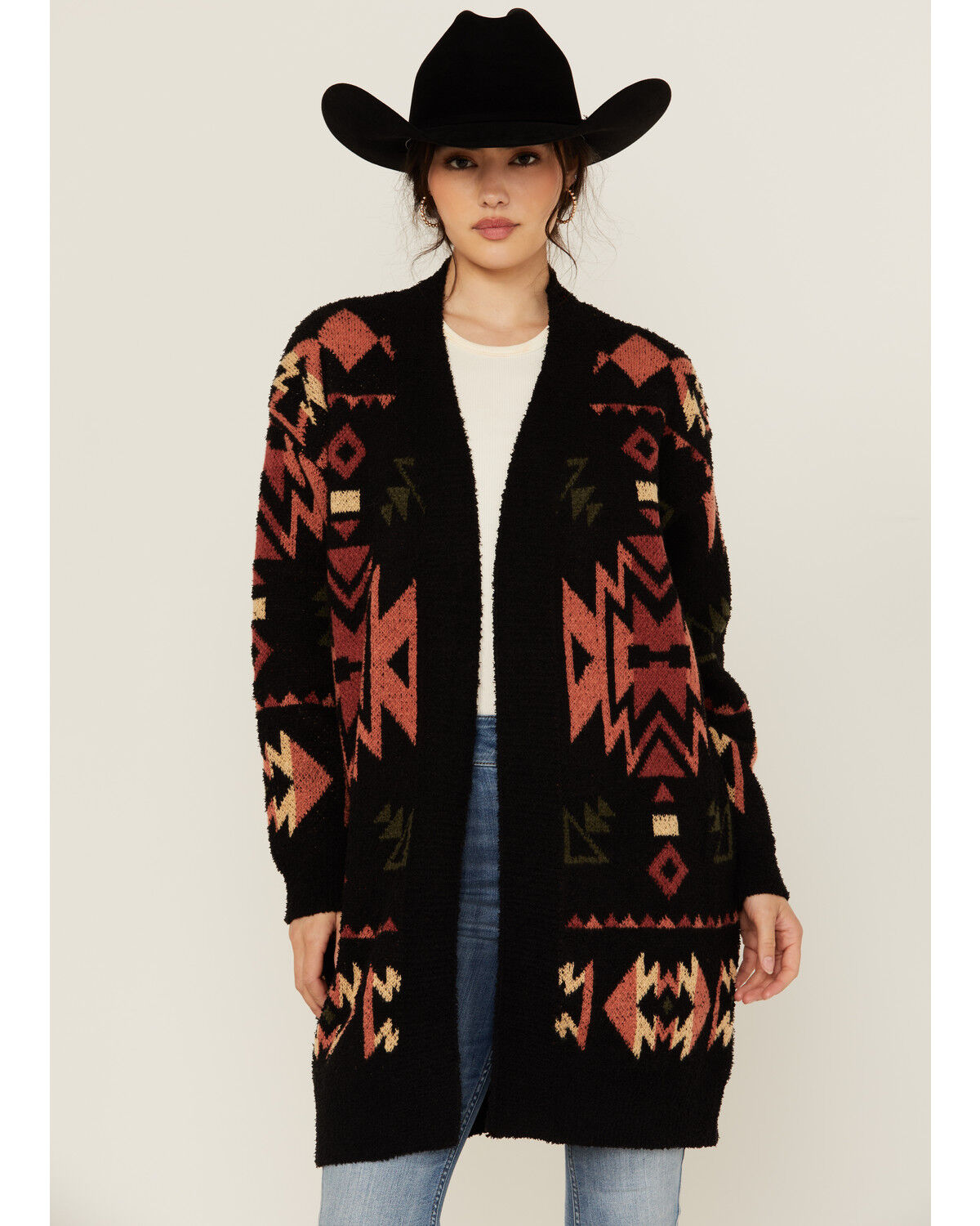 Image #1 - Angie Women's Southwestern Print Open Front Sweater, , hi-res