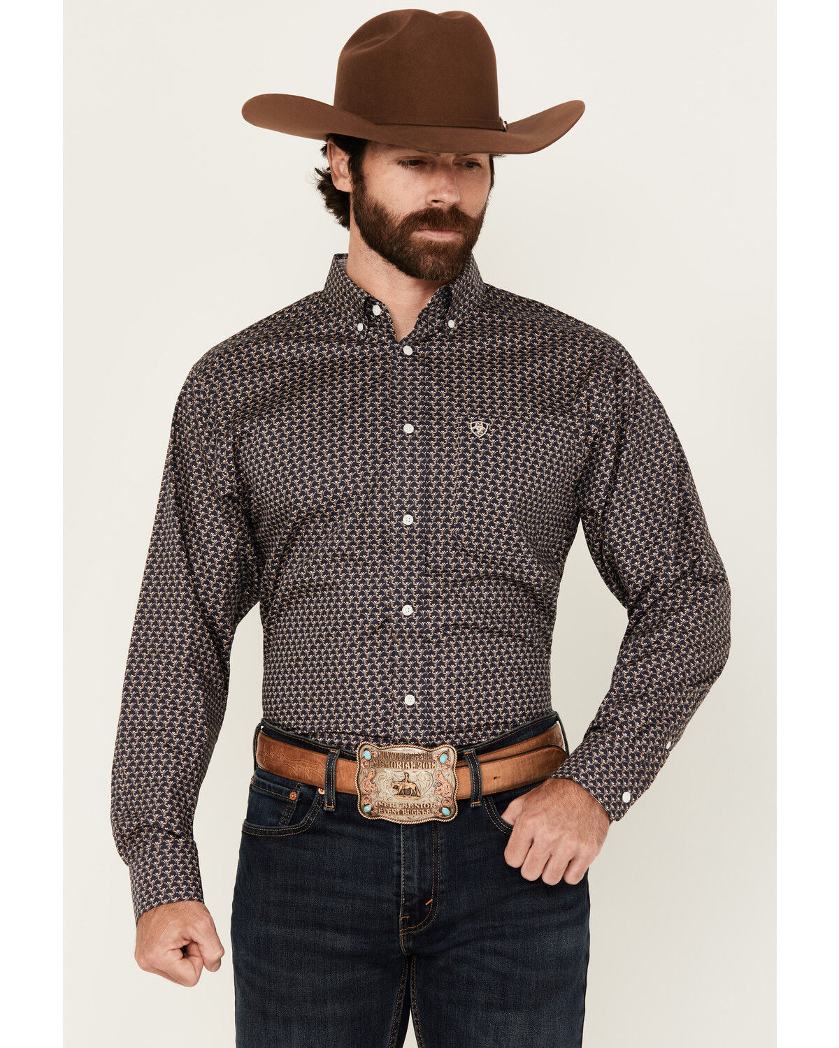 Image #1 - Ariat Men's Wrinkle Free Fields Printed Long Sleeve Button-Down Western Shirt, Navy, hi-res
