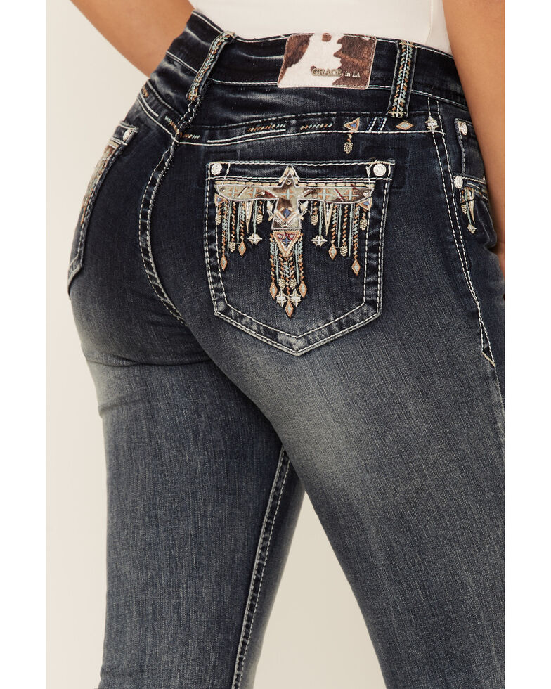 får træ Utrolig Grace in LA Women's Mid Rise Cowhide Bird Pocket Bootcut Jeans - Country  Outfitter