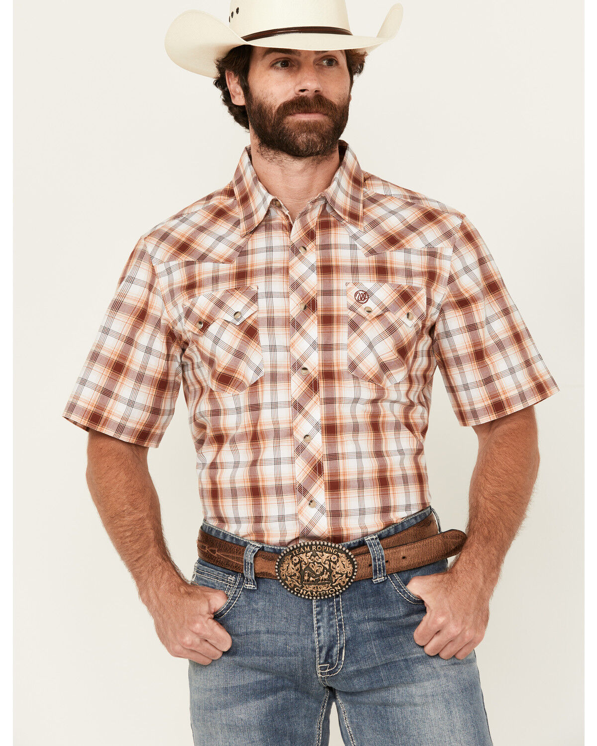 Image #1 - Wrangler Retro Men's Plaid Print Short Sleeve Snap Western Shirt, Maroon, hi-res