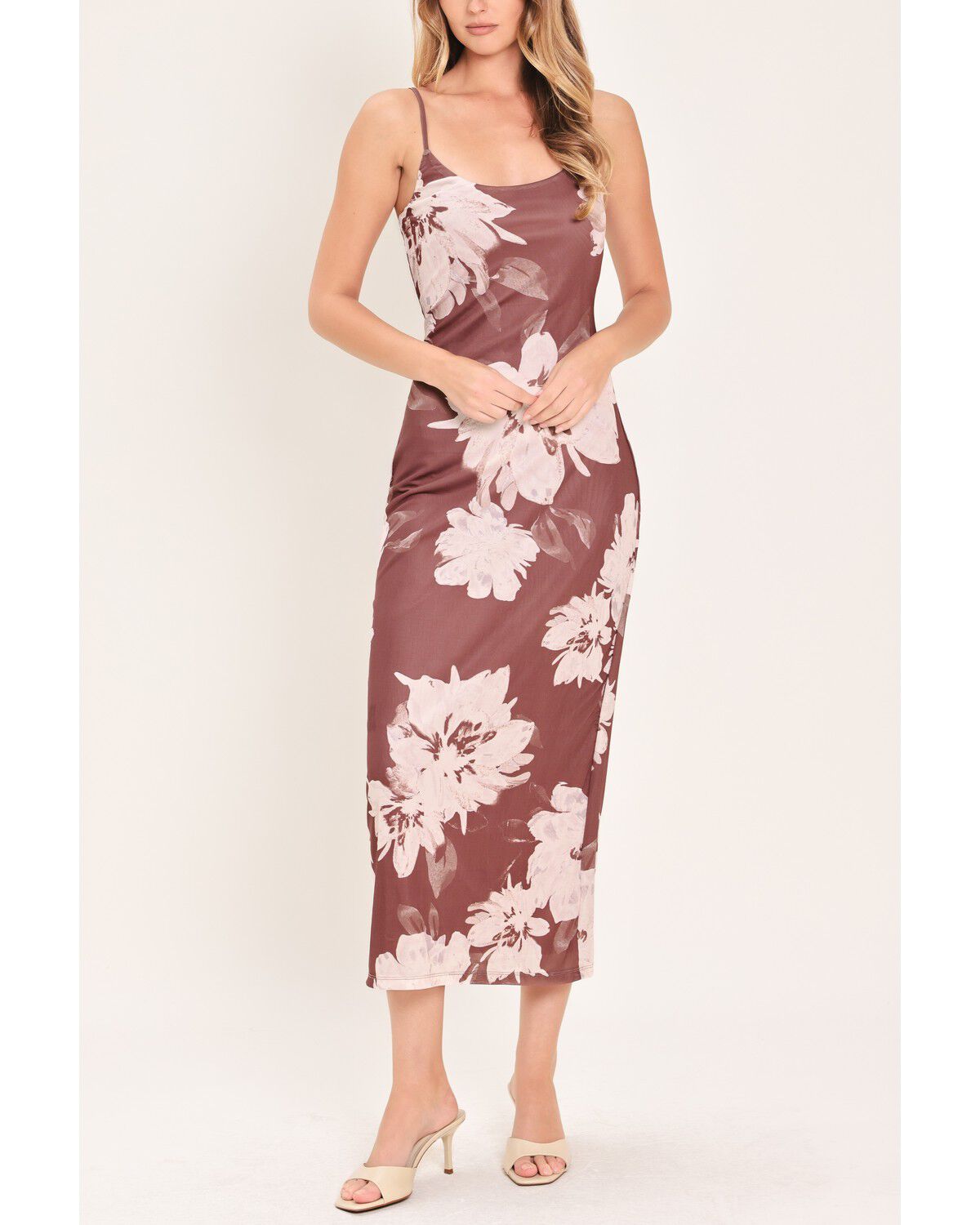 Flying Tomato Women's Rosewood Bloom Power Mesh Midi Dress, Burgundy, hi-res