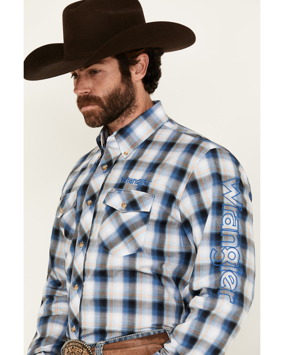 Image #2 - Wrangler Men's Logo Plaid Print Long Sleeve Button-Down Western Shirt, Blue, hi-res