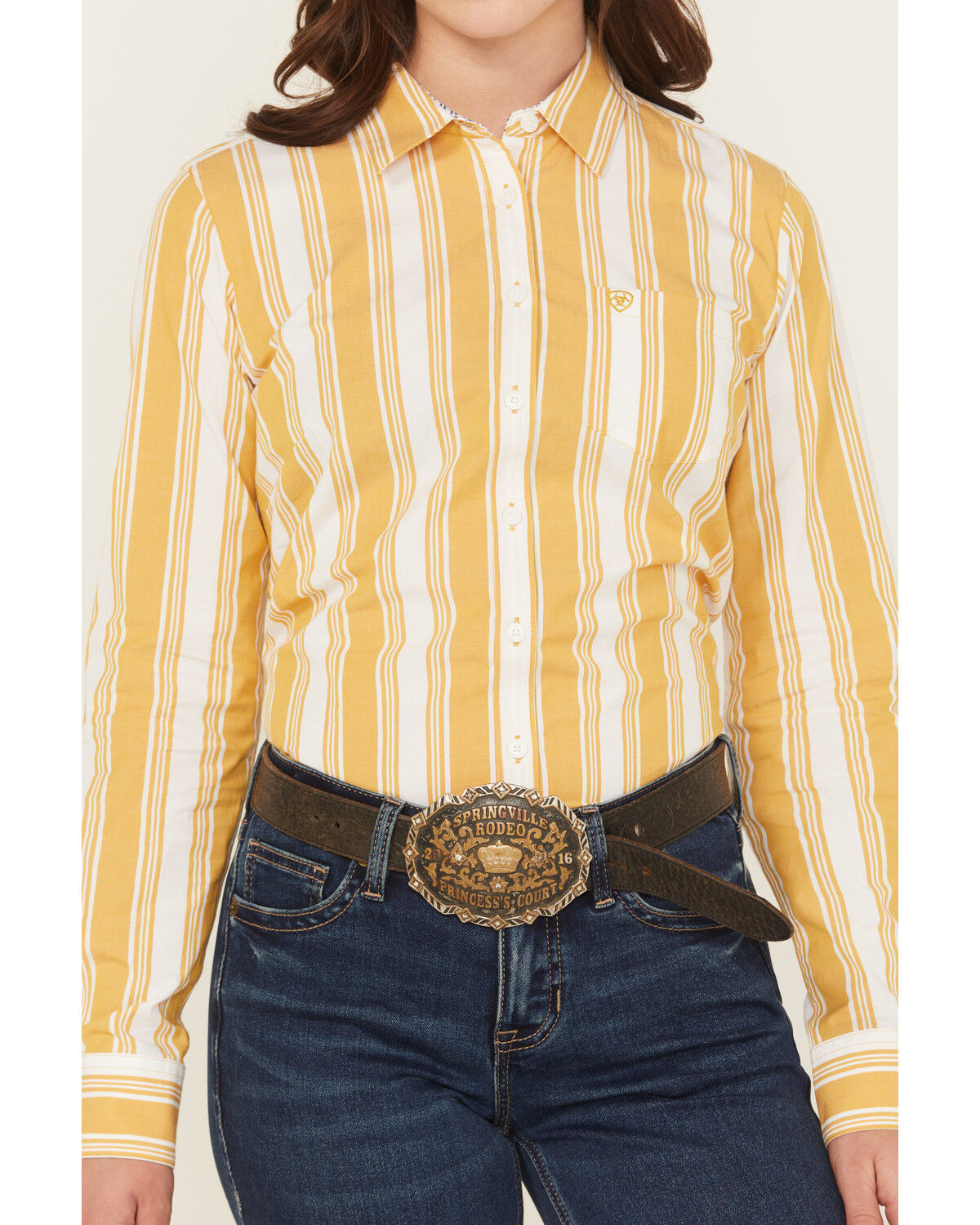 Image #3 - Ariat Women's Kirby Striped Print Long Sleeve Button-Down Stretch Western Shirt, Yellow, hi-res