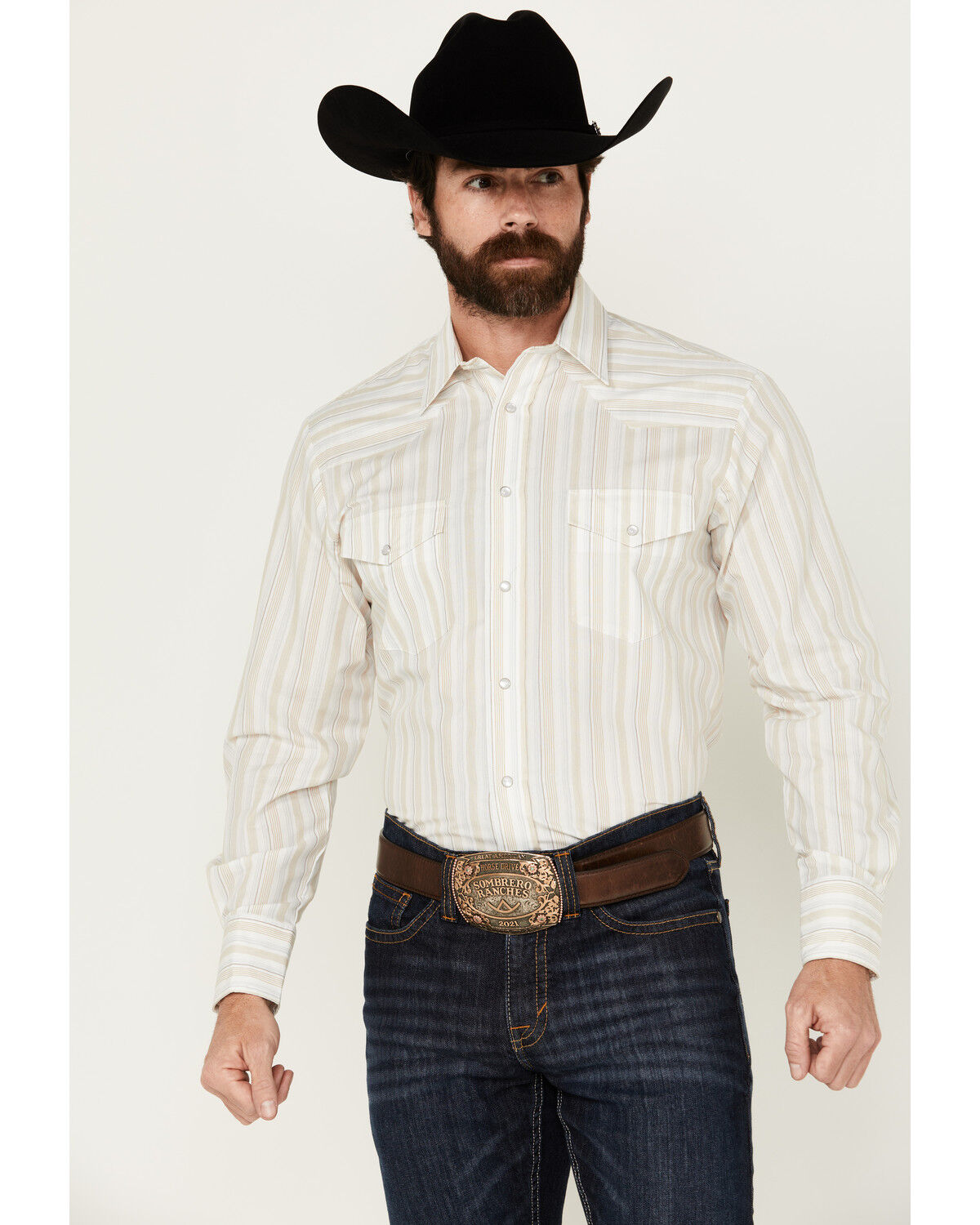Image #1 - Roper Men's Serape Striped Long Sleeve Pearl Snap Western Shirt, Cream, hi-res