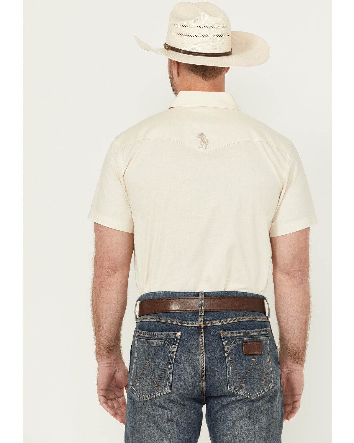 Image #4 - Panhandle Men's Southwestern Embroidered Short Sleeve Pearl Snap Western Shirt, Natural, hi-res
