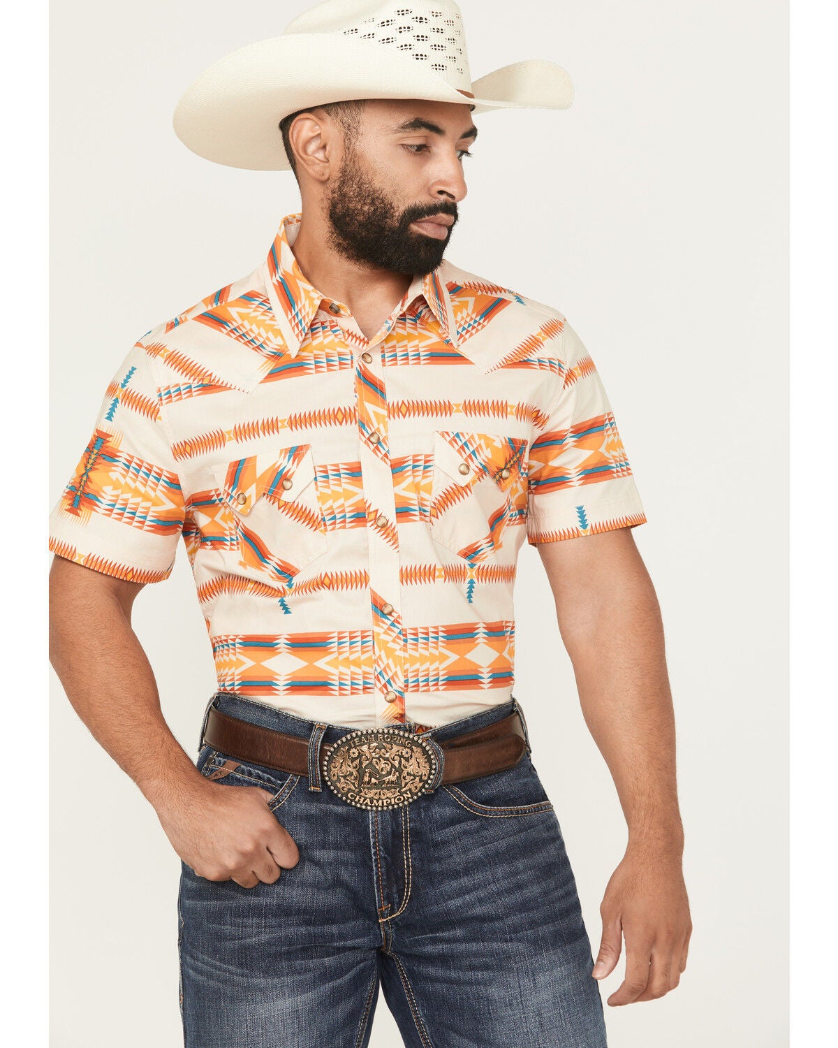 Rock & Roll Denim Men's  Southwestern Print Short Sleeve Snap Stretch Western Shirt, Multi, hi-res