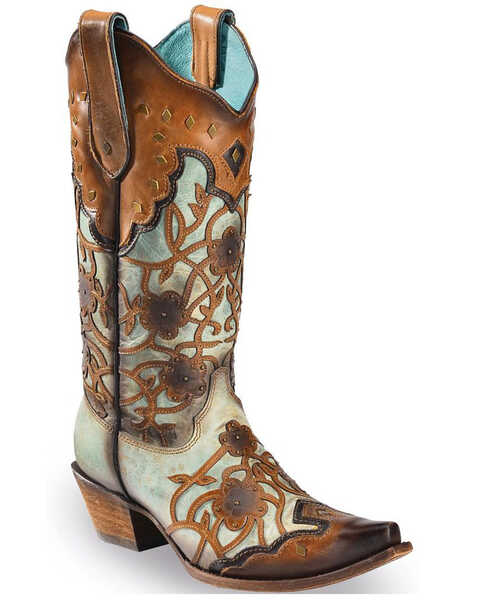 Corral Women's Mint Maple Flowers Overlay & Studs Western Boots - Snip Toe, Brown, hi-res