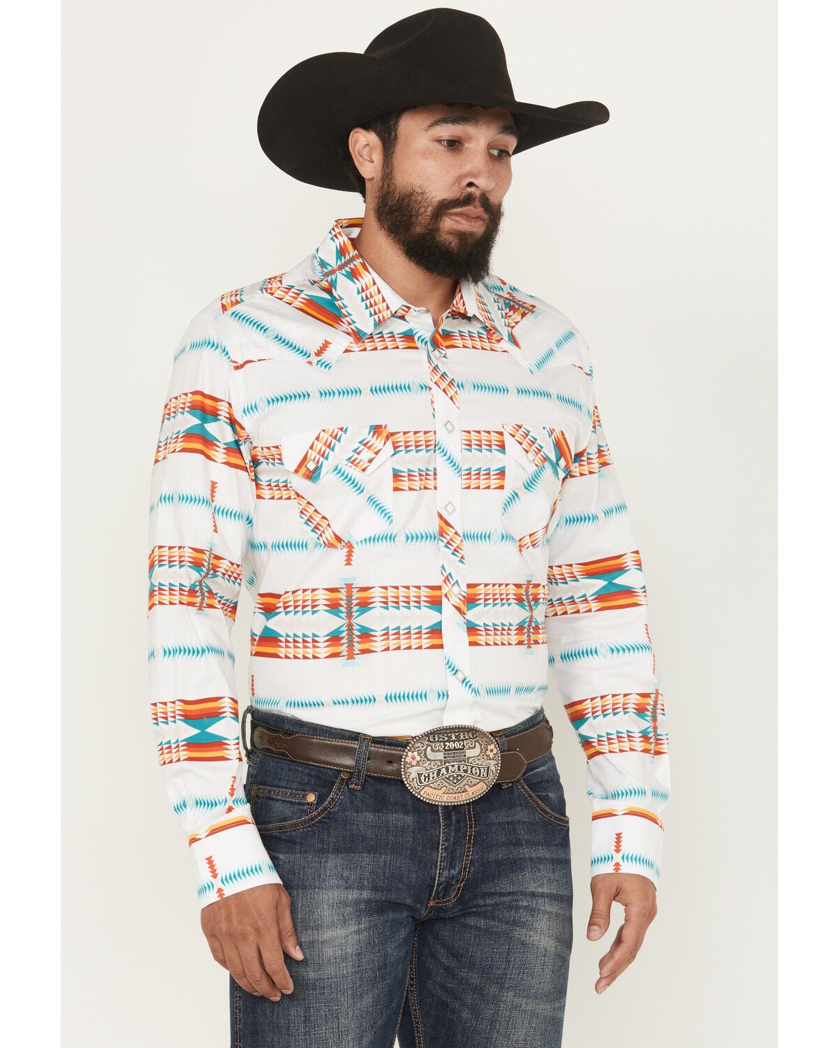 Rock & Roll Denim Men's Southwestern Print Long Sleeve Snap Stretch Western Shirt, White, hi-res