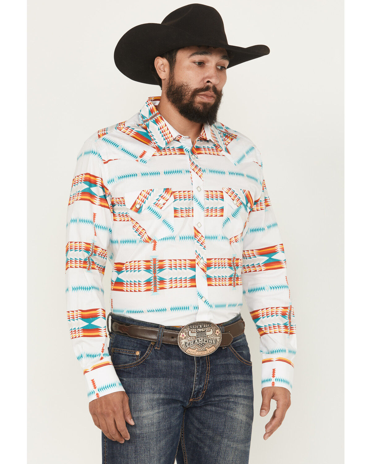 Image #1 - Rock & Roll Denim Men's Southwestern Print Long Sleeve Snap Stretch Western Shirt, White, hi-res