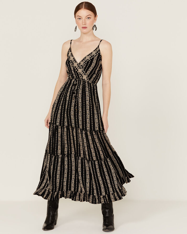 Angie Women's Floral Striped Tier Black Maxi Dress, Black, hi-res