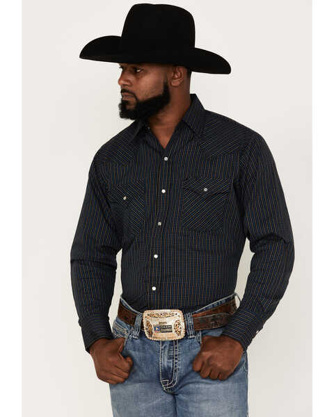 Ely Walker Men's Small Plaid Print Long Sleeve Pearl Snap Western Shirt, Black, hi-res