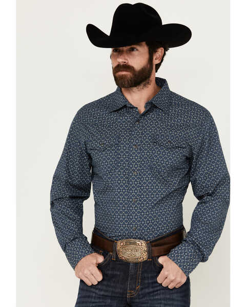 Wrangler Retro Men's Premium Medallion Print Long Sleeve Western Snap Shirt, Blue, hi-res