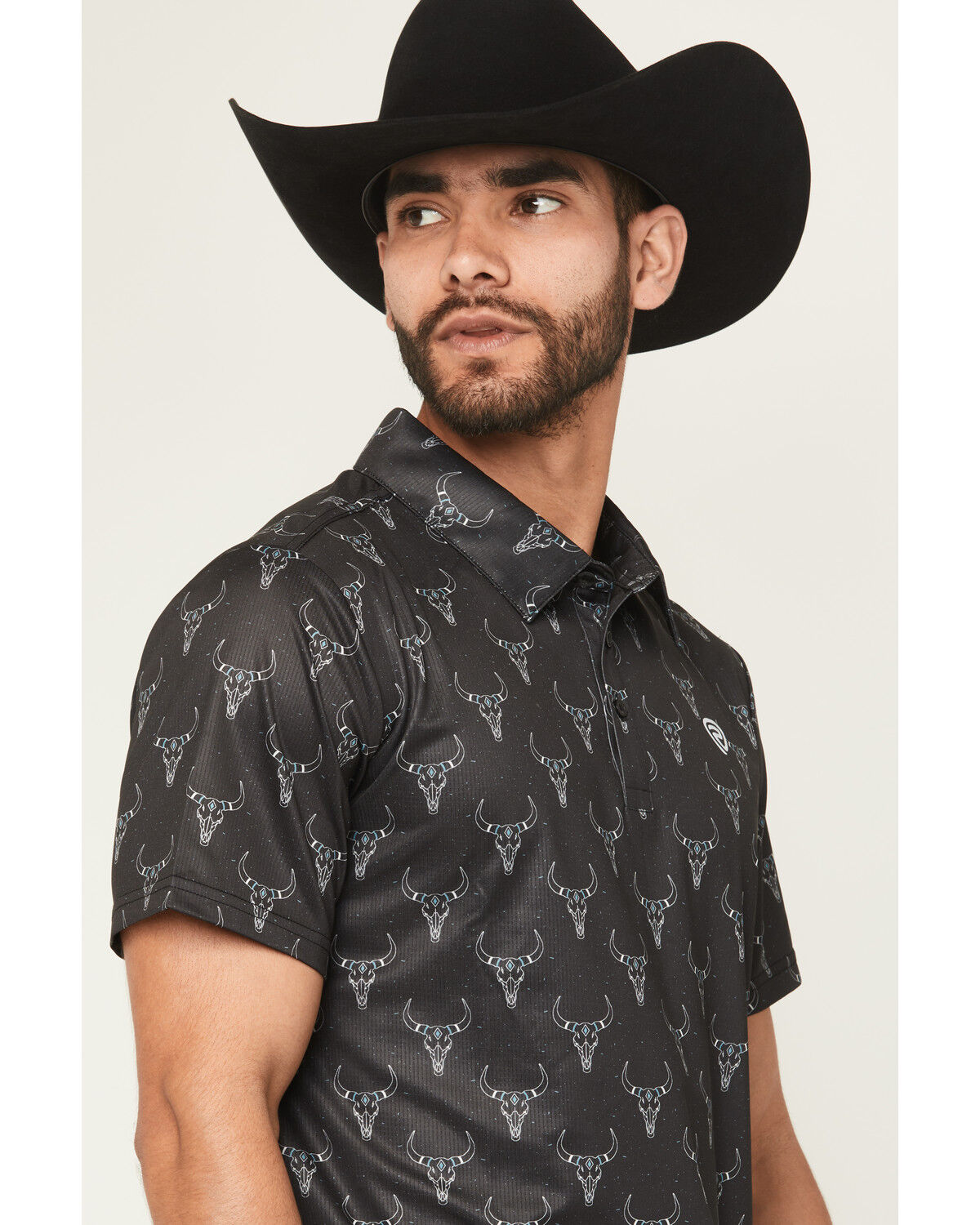 Image #2 - Rock & Roll Denim Men's Longhorn Print Short Sleeve Button-Down Stretch Polo, Black, hi-res