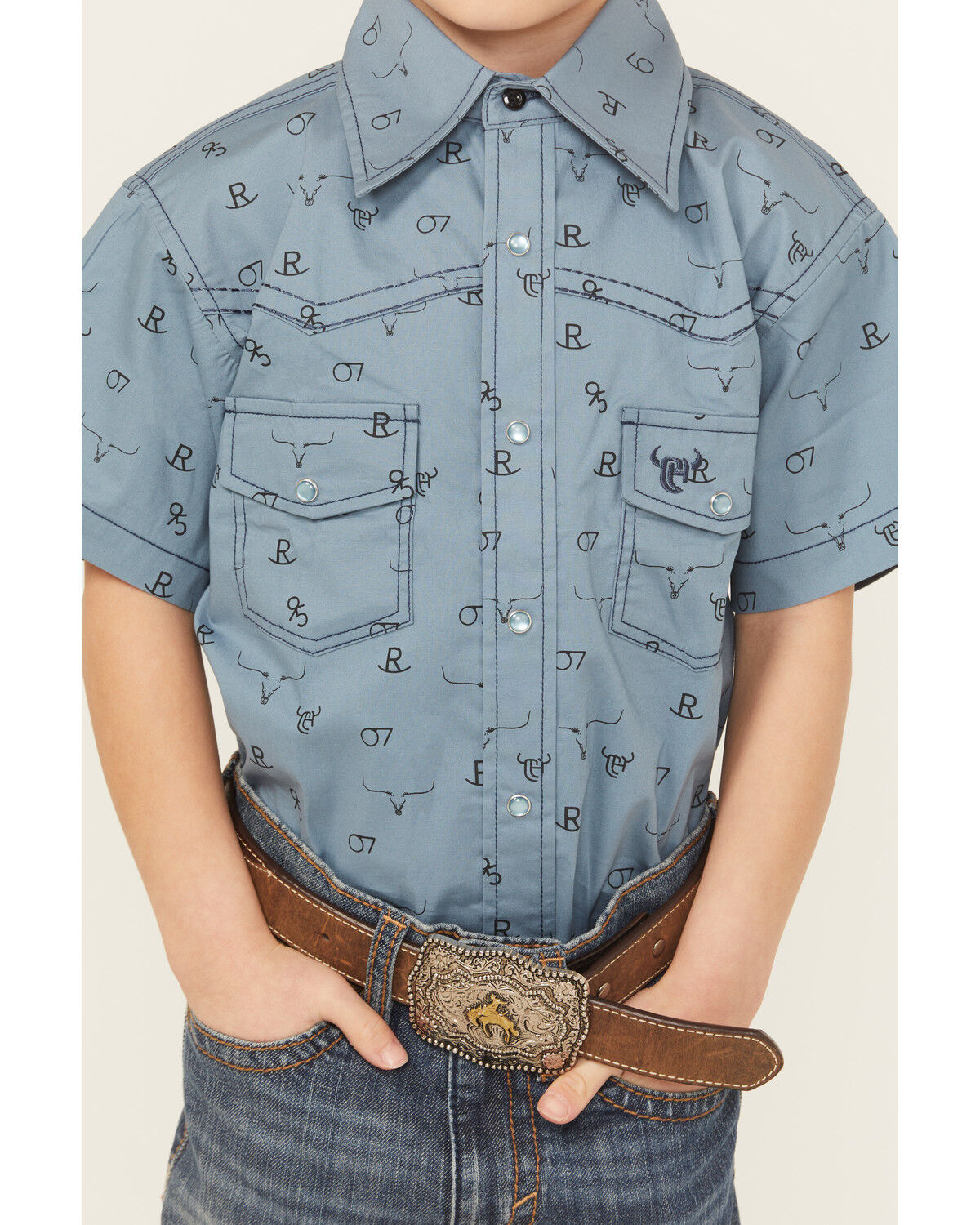 Image #3 - Cowboy Hardware Boys' Branding Iron Short Sleeve Snap Western Shirt, Blue, hi-res