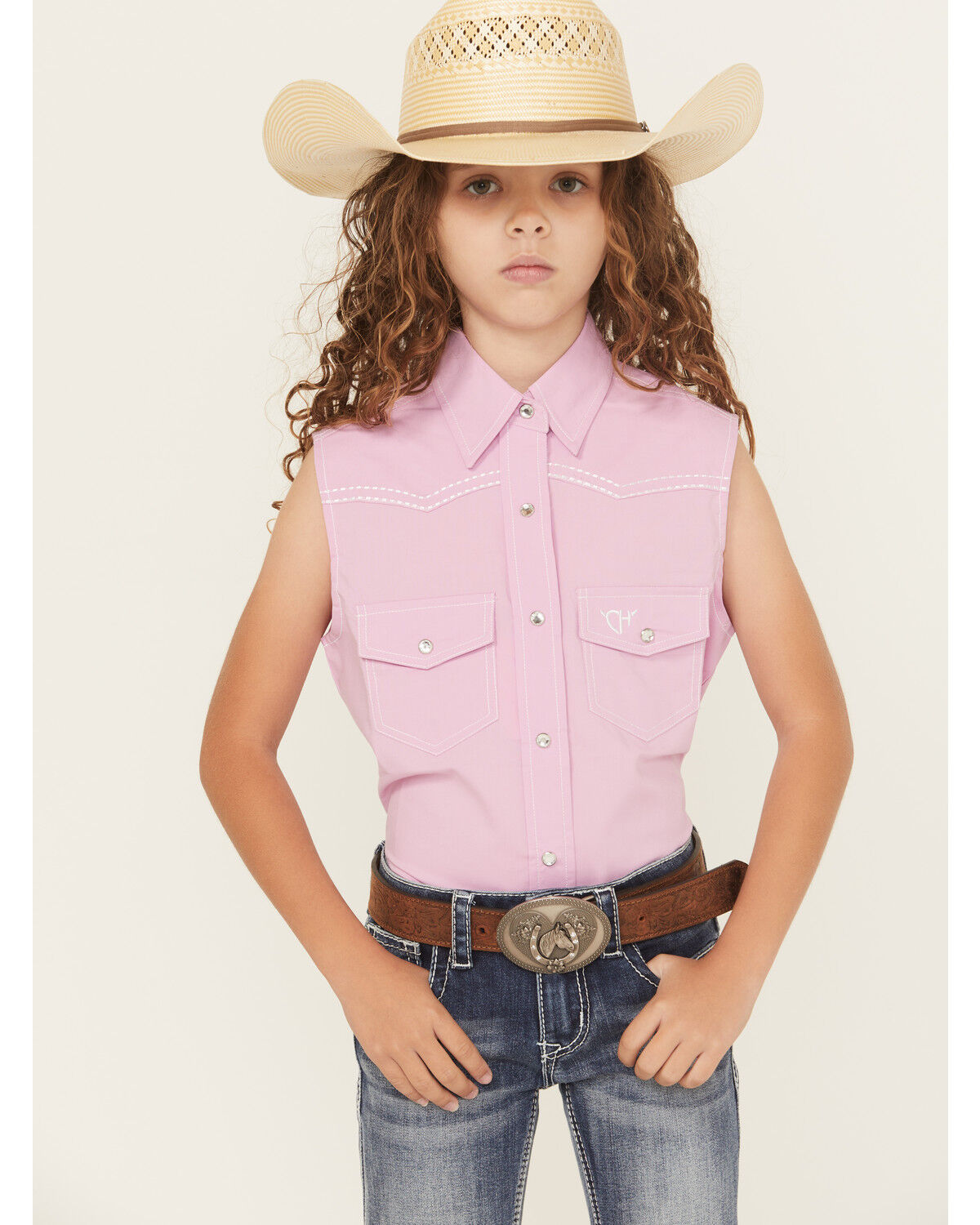 Image #1 - Cowgirl Hardware Girls' Solid Sleeveless Snap Western Shirt, Pink, hi-res