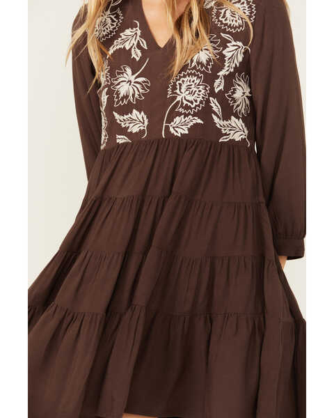 Image #3 - Stetson Women's Floral Embroidered Long Sleeve Tiered Mini Dress , Brown, hi-res