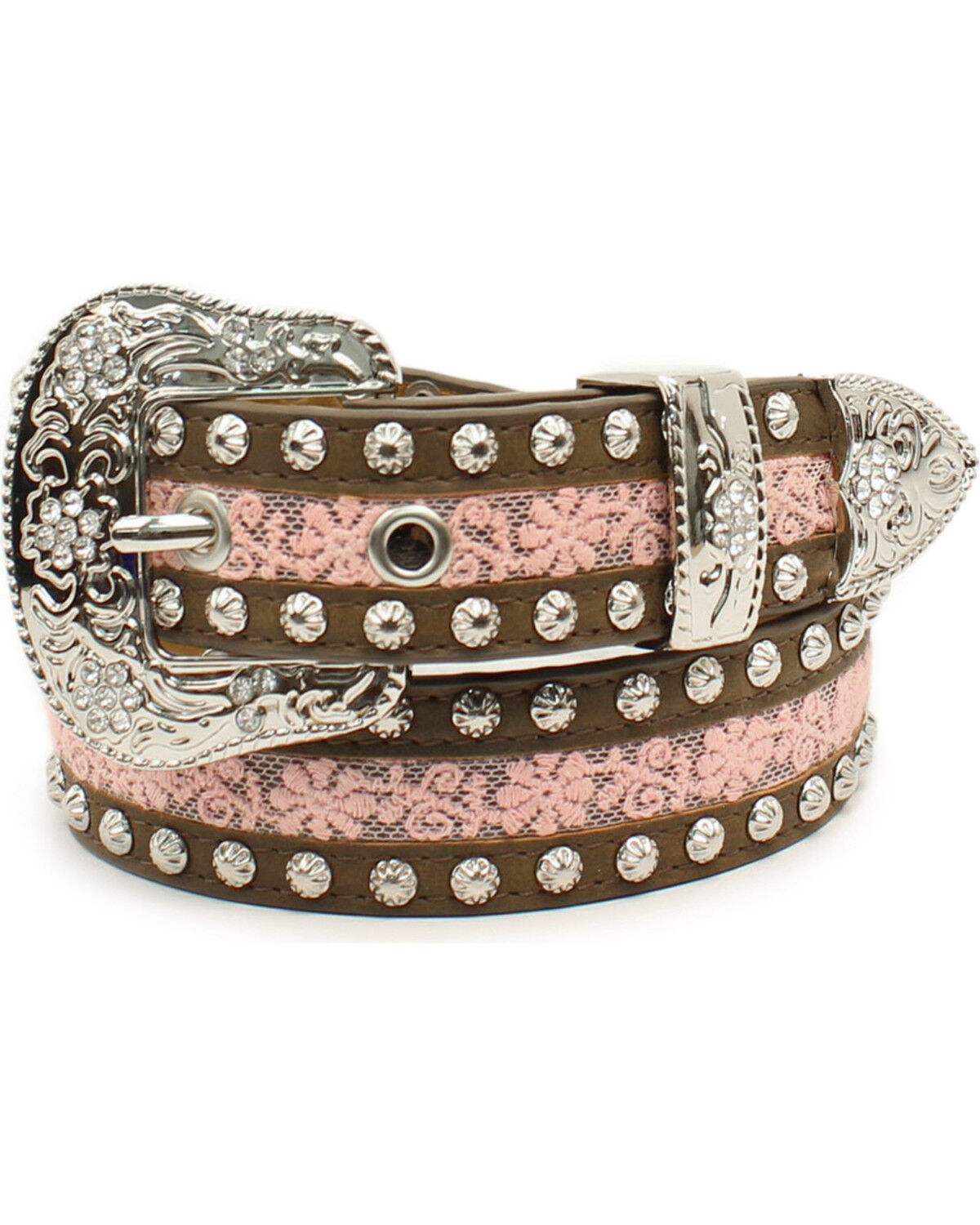 Image #1 - Ariat Girls' Floral Lace Studded Belt, Pink, hi-res
