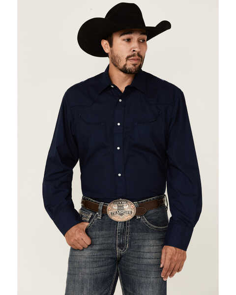 Roper Men's Solid Embroidered Yoke Long Sleeve Pearl Snap Western Shirt , Blue, hi-res