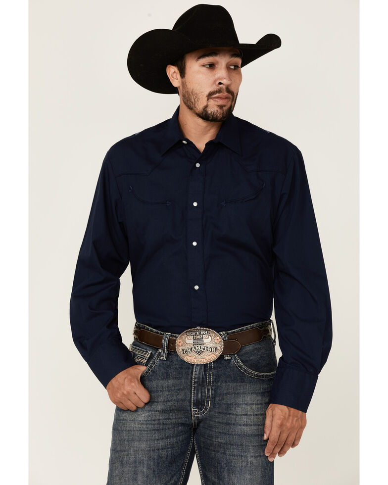 Roper Men's Solid Navy Embroidered Yoke Long Sleeve Snap Western Shirt , Blue, hi-res
