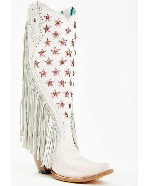 Image #1 - Corral Women's Star Inlay Fringe Tall Western Boots - Snip Toe , White, hi-res