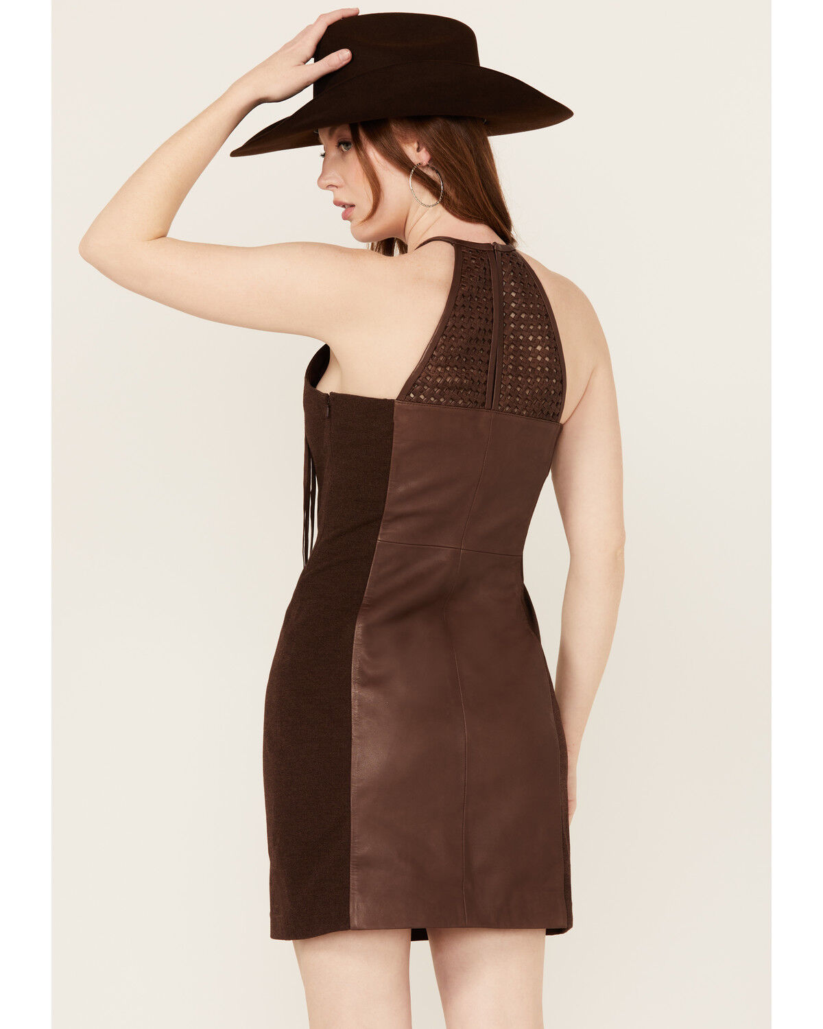 Image #4 - Wonderwest Women's Rain Drum Knotted Leather Slip Mini Dress, Brown, hi-res