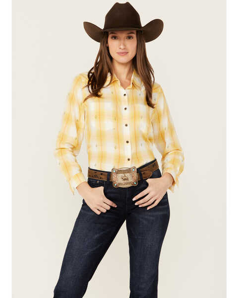 Ariat Women's R.E.A.L Billie Jean Cactus Plaid Print Long Sleeve Button-Down Western Shirt , Yellow, hi-res