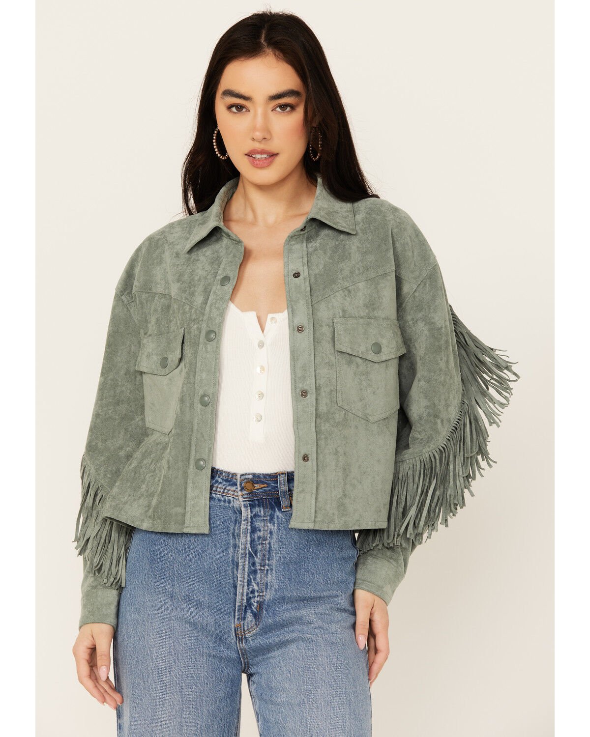 Image #1 - BLANKNYC Women's Faux Suede Fringe Jacket, Green, hi-res