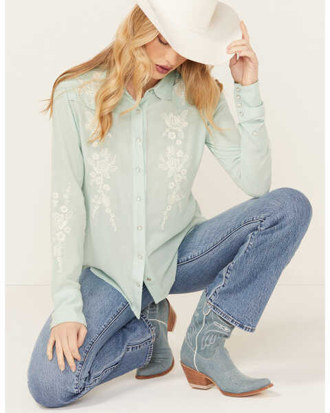 Image #1 - Stetson Women's Embroidered Long Sleeve Snap Western Shirt, Teal, hi-res