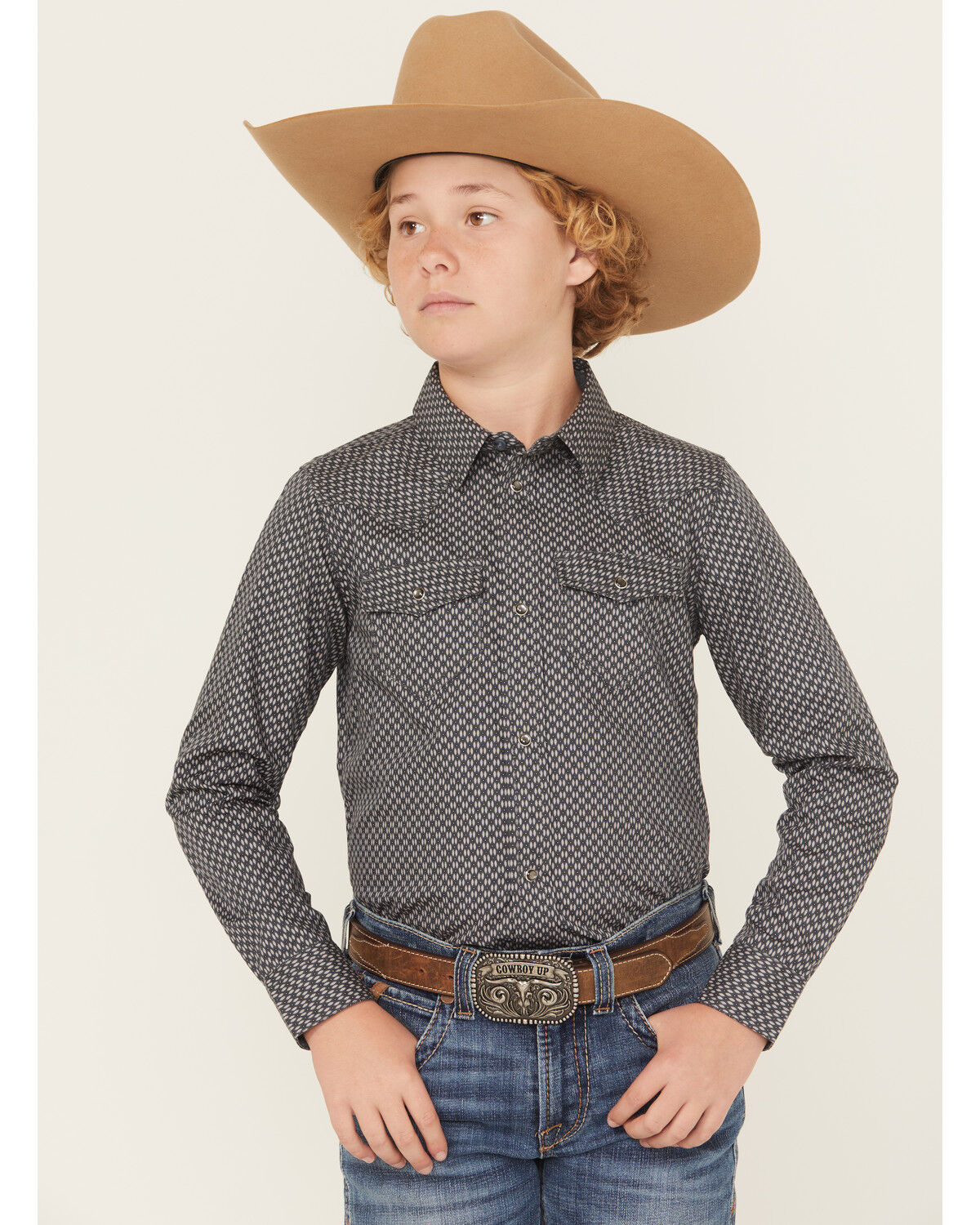 Image #1 - Cody James Boys' San Juan Geo Print Long Sleeve Snap Western Shirt, Steel Blue, hi-res