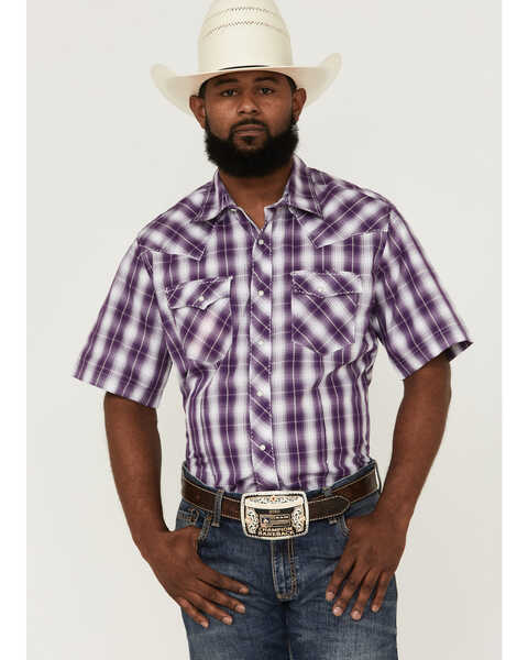 Wrangler Men's Plaid Short Sleeve Snap Western Shirt , Purple, hi-res